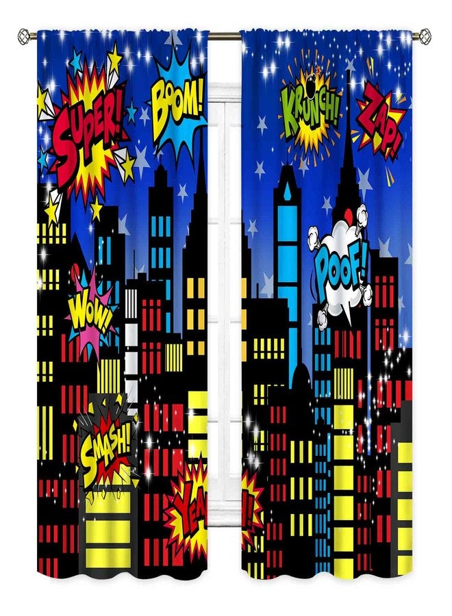 TKUYO Superhero City Curtains, Comic Night Starry Skyline Cityscape Buildings Comic Blackout Window Curtains for Boys Kids Baby Room Bedroom Living Nursery 2 Panel Sets, 42"x45" Inch - Image 2